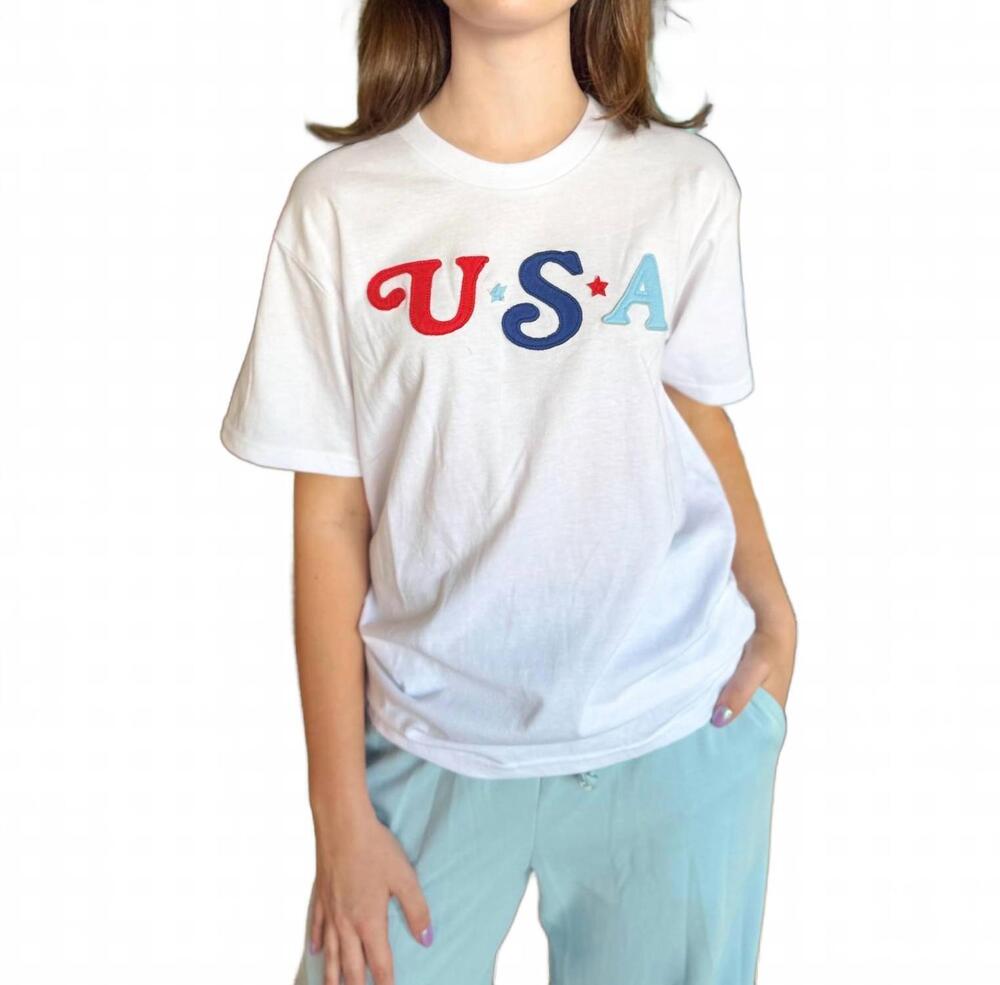 NEW JADELYNN BROOKE usa patches short sleeve top in white